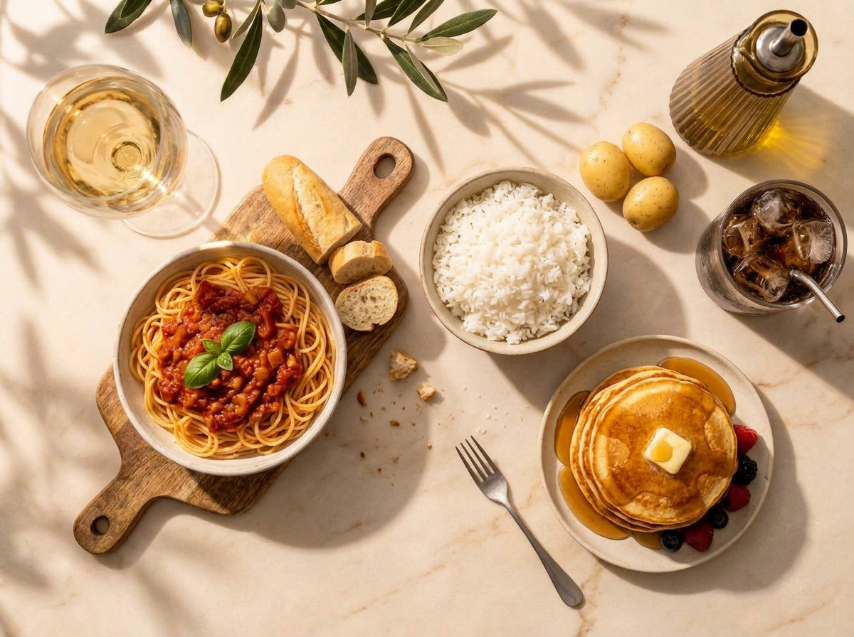 Carb-rich foods flat-lay on cream marble in warm sunlight