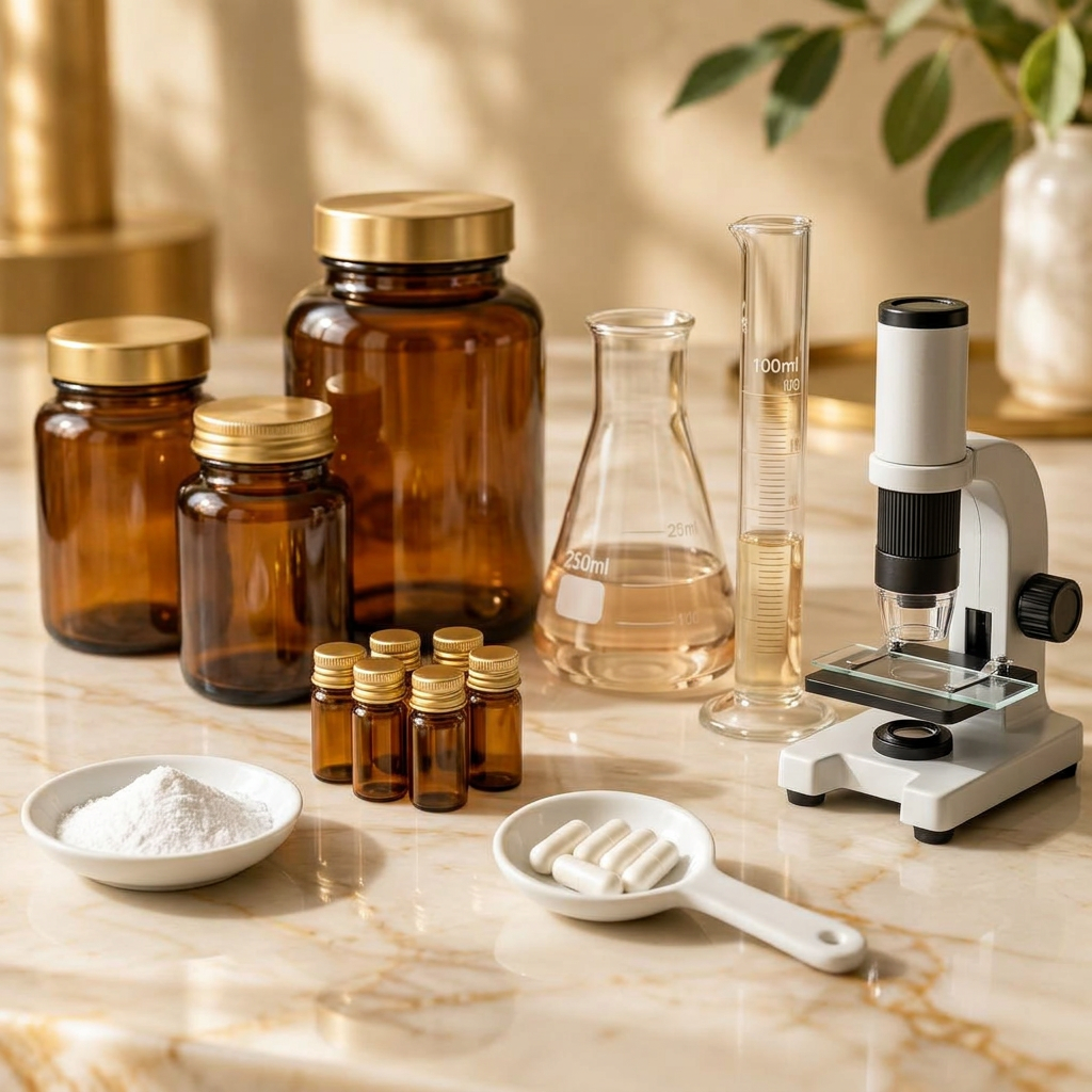 Supplement laboratory science: beakers, vials, microscope and capsules