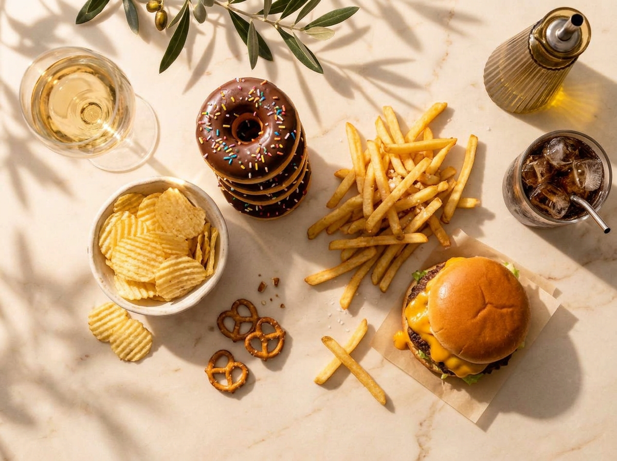 Indulgent junk food flat-lay on cream marble in warm sunlight