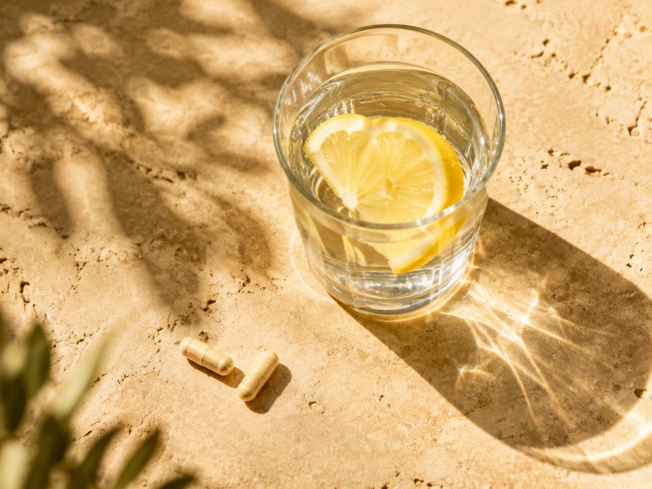 Glass of lemon water with two capsules