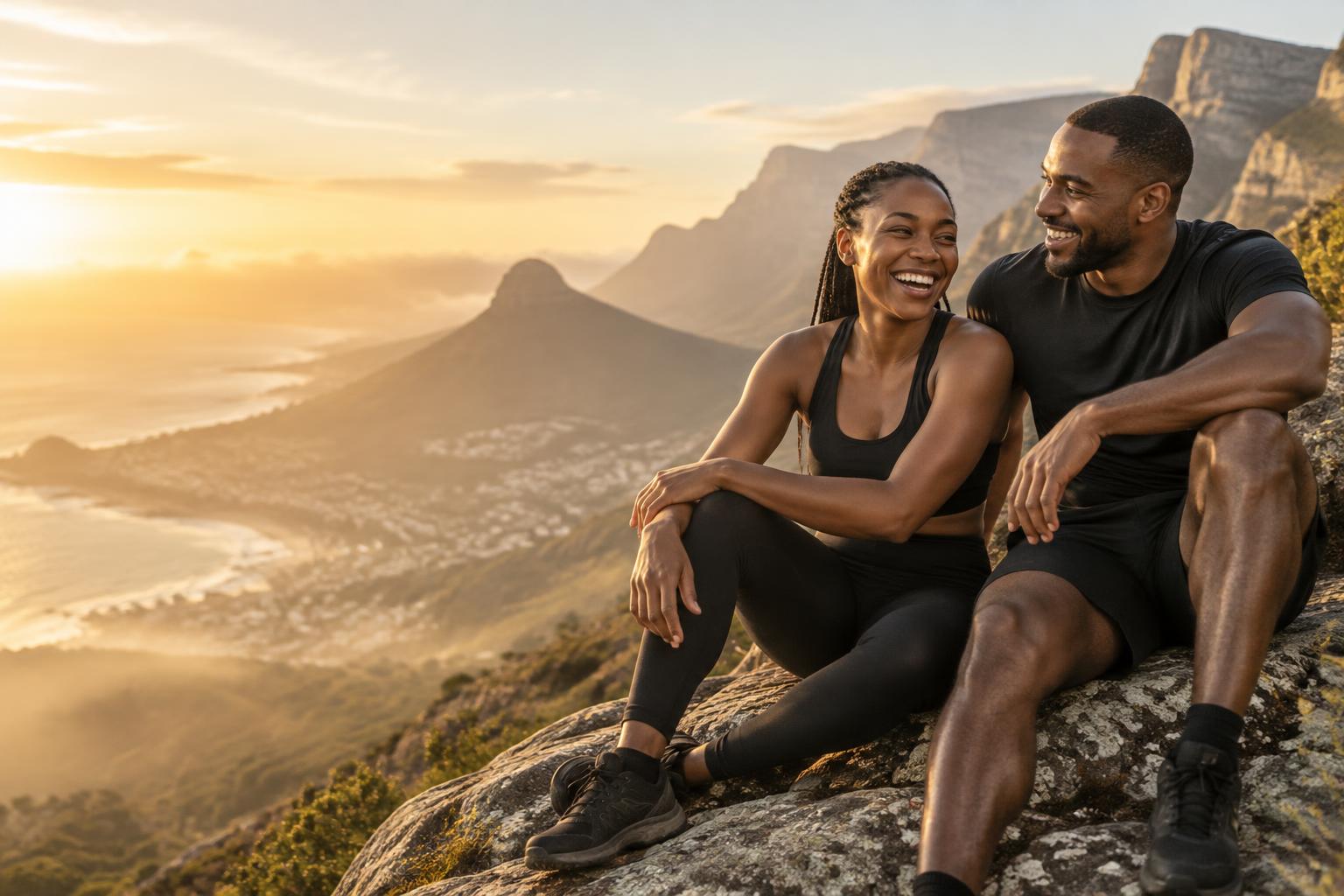 Friends celebrating progress on a mountain hike