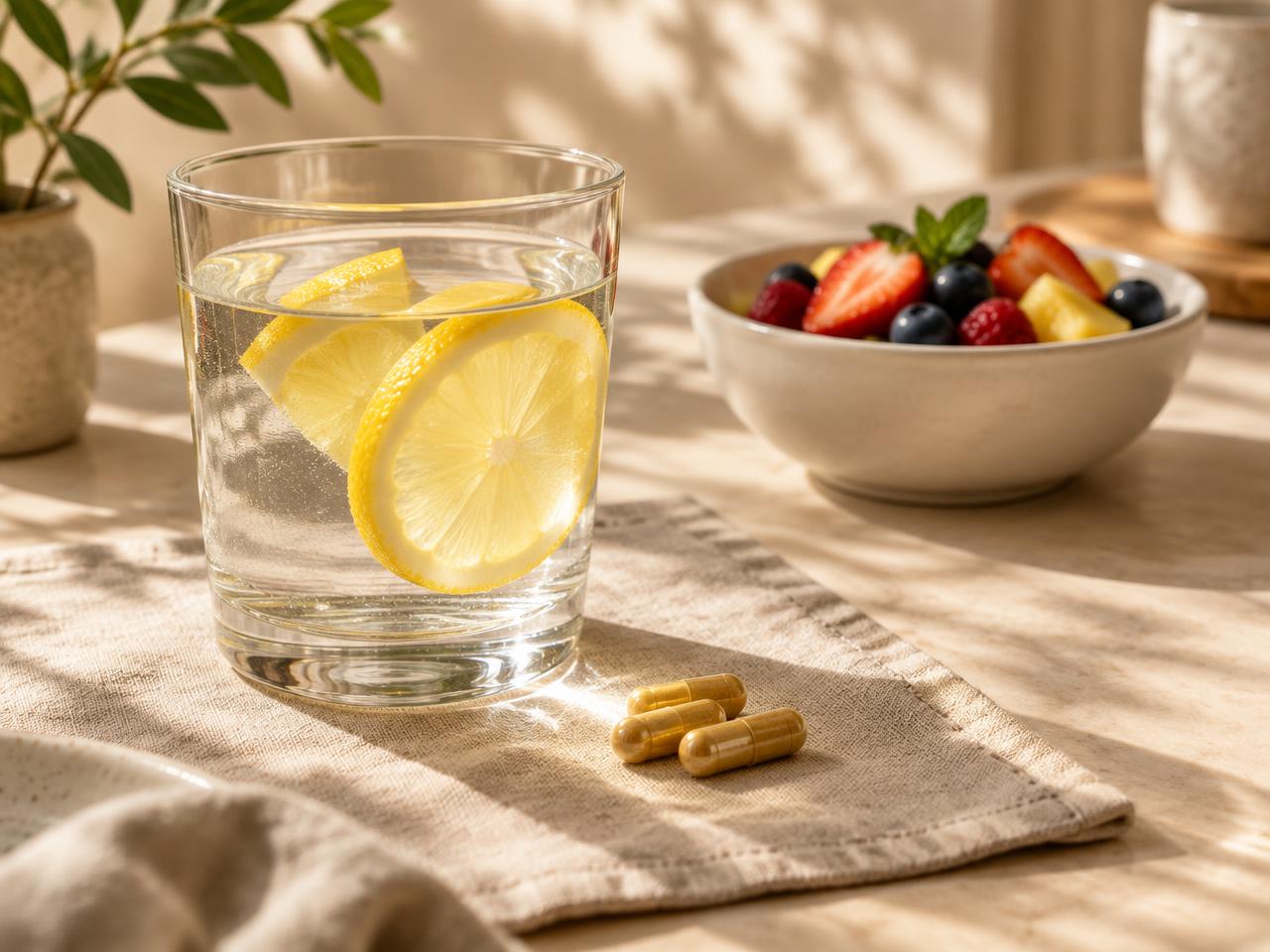 Glass of lemon water with a single Fat Melt capsule on a breakfast table