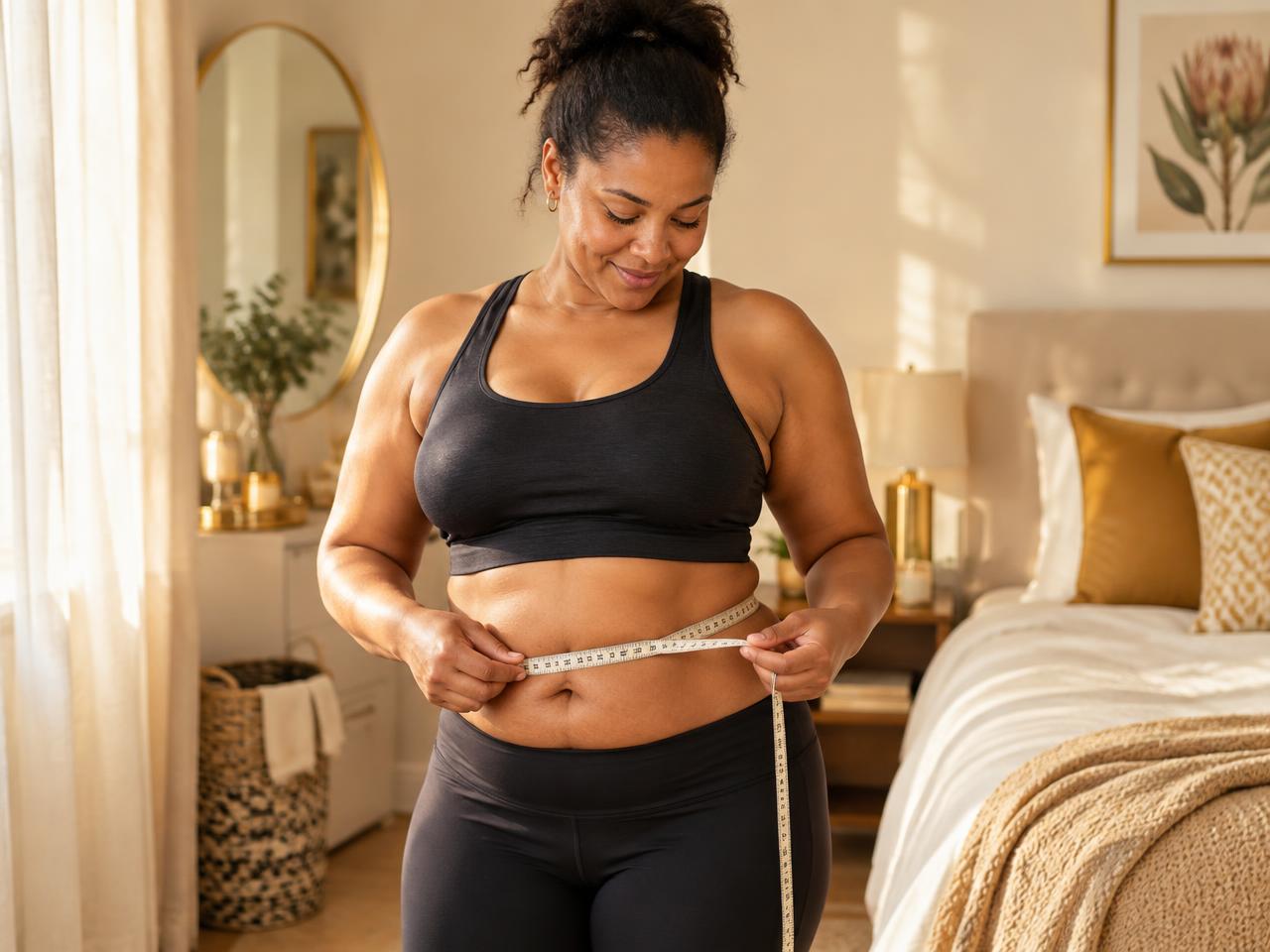A woman measuring her waist with a measuring tape in soft morning light