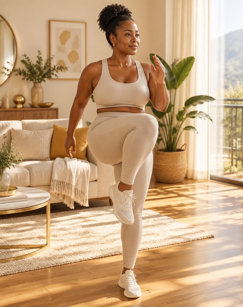 A woman doing a standing knee lift in her living room