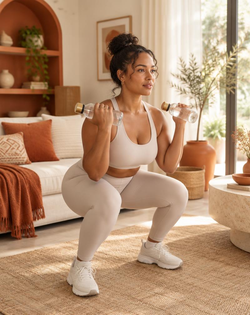 A woman doing squats with water bottles as weights in her lounge