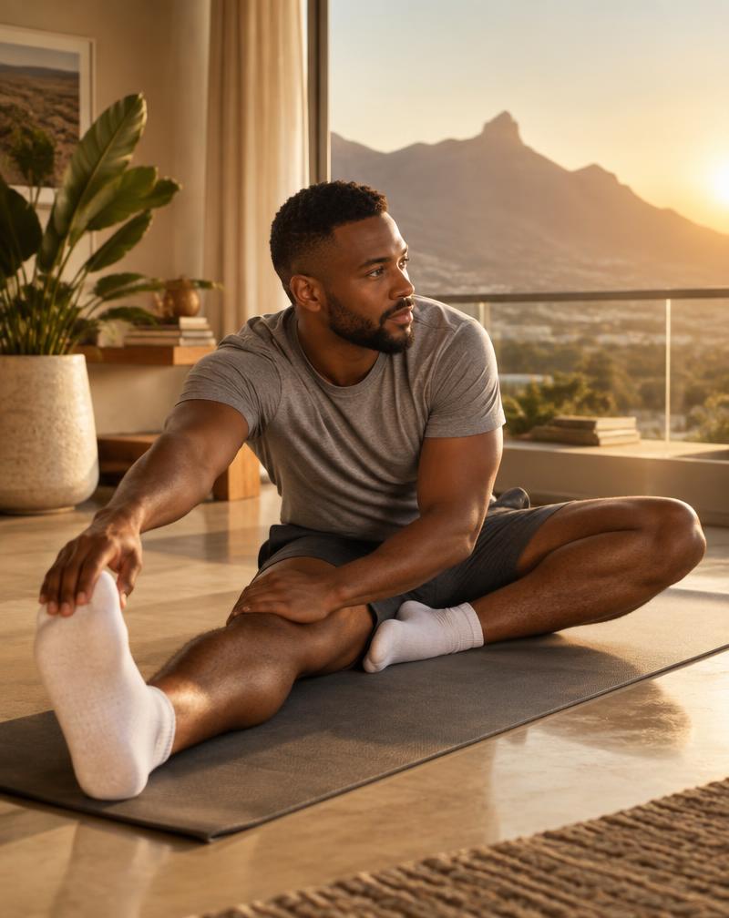 A man stretching on a yoga mat at sunrise
