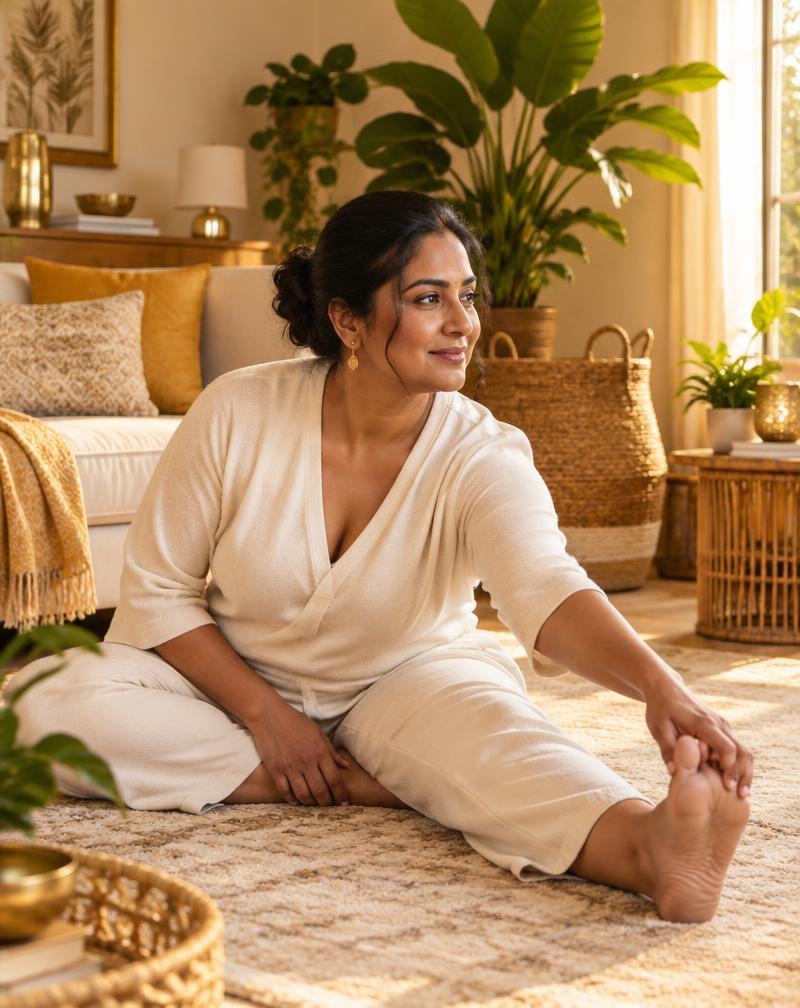 A woman doing a gentle seated stretch on her living room carpet